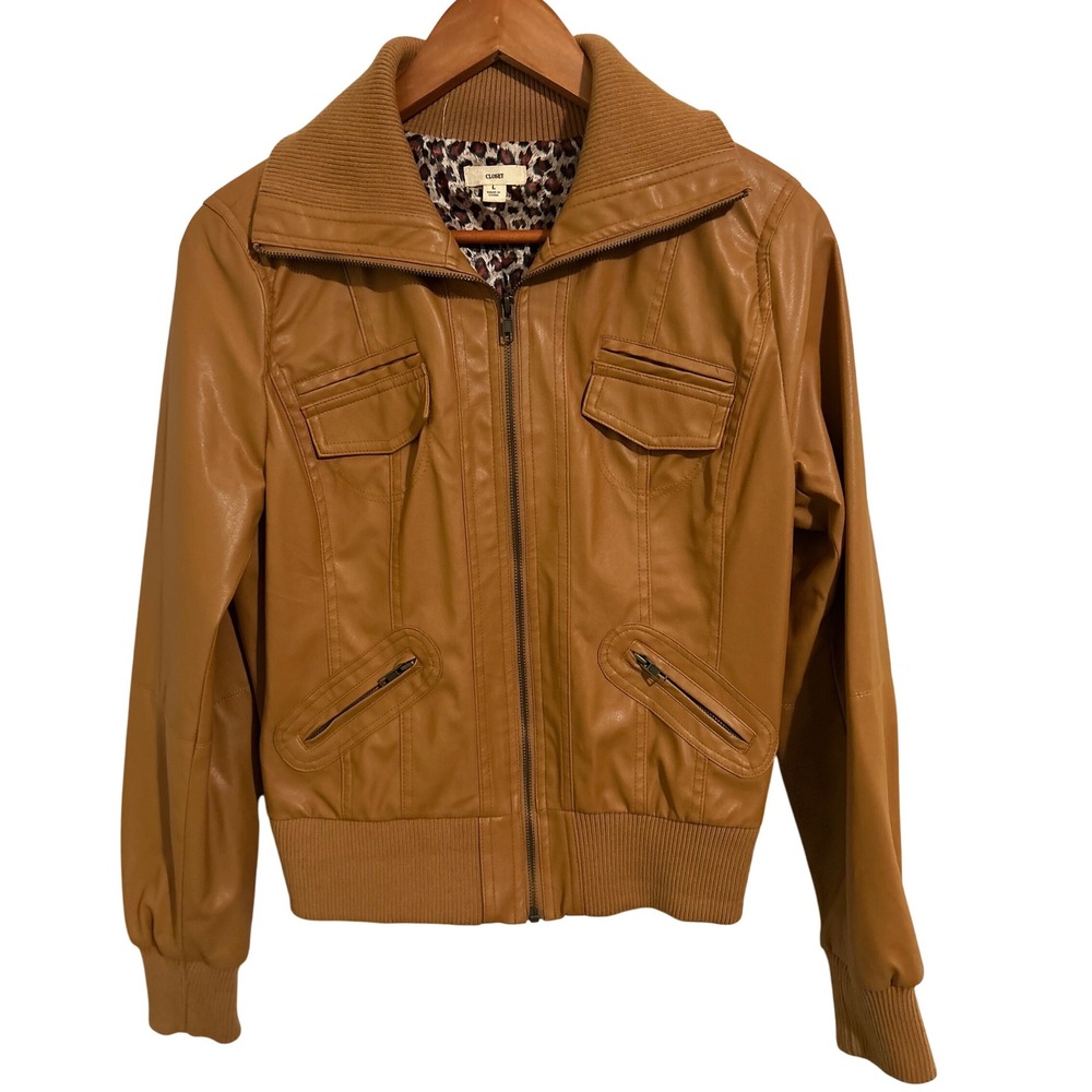Closet Brown Faux Leather Jacket w/‎ Animal Print Lining Zip Pockets Women's L